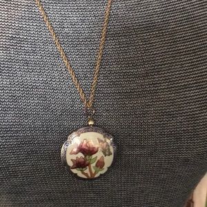 Vintage Cloisonné Enamel Puffed Pendant Necklace - Floral with Butterfly